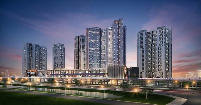 Toàn cảnh khu phức hợp căn hộ và khối đế thương mại Mont Alp Residences về đêm